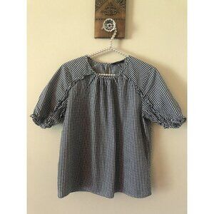 Lucky Brand Size S Lauren Ruffle Gingham Print Keyhole Back Blouse Blue White